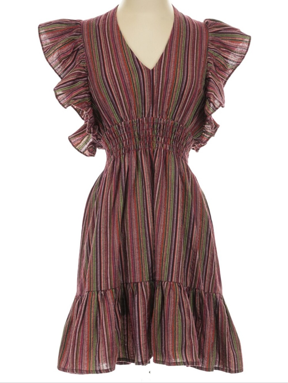 PINCH Boho Multi Color Vertical Stripe Smocked Tiered Ruffle Dress Size S